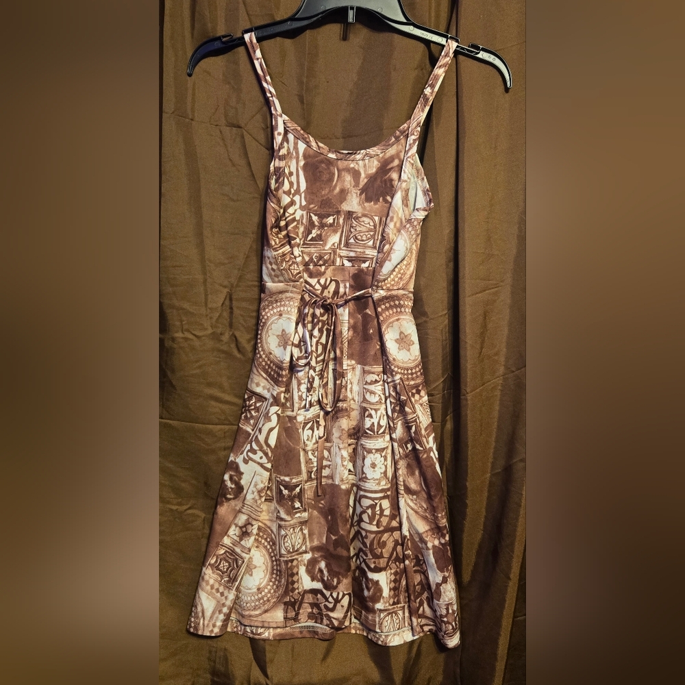 Vintage 90s Joule Brown Abstract Print Spaghetti Strap Dress Tie Back Small Y2K - Picture 3 of 5